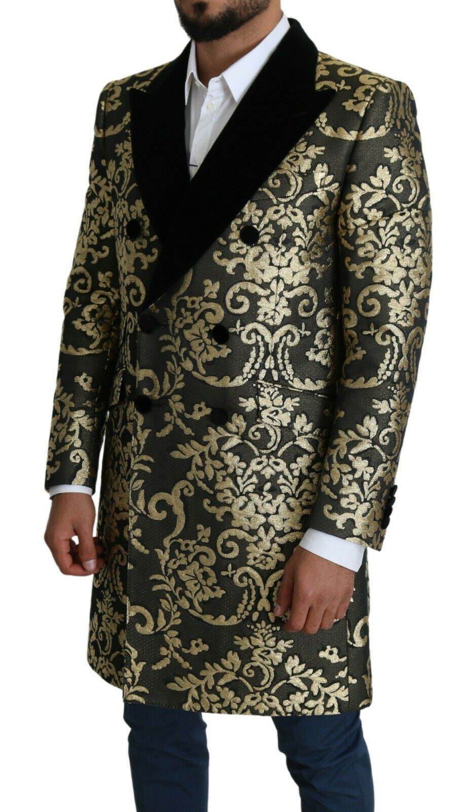 Black gold jacquard long coat from Dolce & Gabbana Sicily Jacket collection, featuring intricate pattern and tailored design.