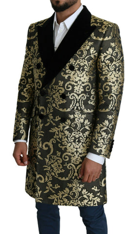 Black gold jacquard long coat from Dolce & Gabbana Sicily Jacket collection, featuring intricate pattern and tailored design.