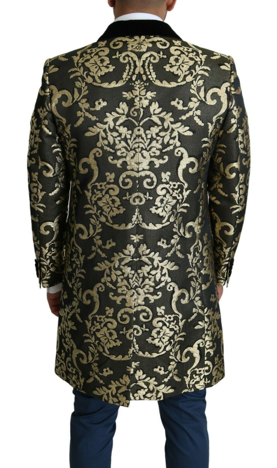 Black gold jacquard long coat from Dolce & Gabbana Sicily Jacket collection, featuring intricate pattern and tailored fit.