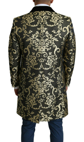 Black gold jacquard long coat from Dolce & Gabbana Sicily Jacket collection, featuring intricate pattern and tailored fit.