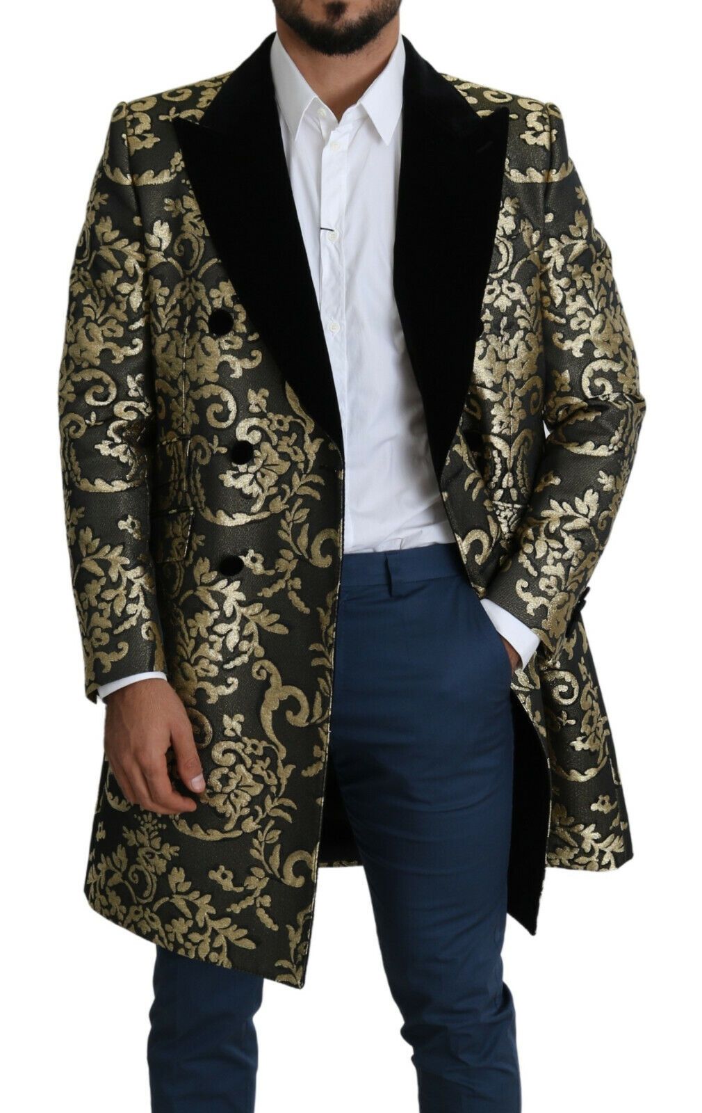 Black gold jacquard long coat from Dolce & Gabbana Sicilia jacket collection, featuring intricate fabric pattern and tailored fit.