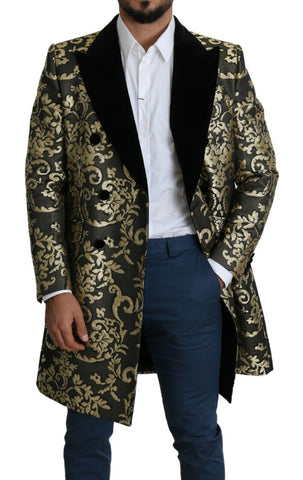 Black gold jacquard long coat from Dolce & Gabbana Sicilia jacket collection, featuring intricate fabric pattern and tailored fit.