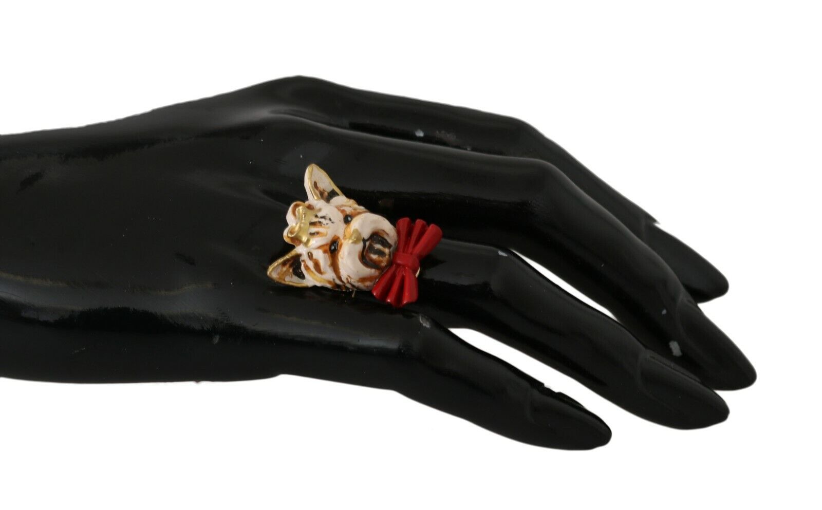 Beige dog-themed pet accessory ring by Dolce & Gabbana with gold brass and resin details.