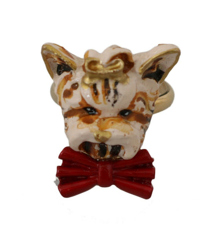 Beige dog-themed pet accessory by Dolce & Gabbana featuring a gold brass resin ring with branded details.