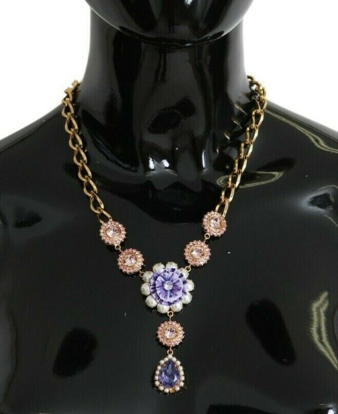 Pink gold brass pendant necklace with purple pearl and crystal accents, designed by Dolce & Gabbana.