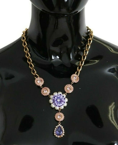Pink gold brass pendant necklace with purple pearl and crystal accents, designed by Dolce & Gabbana.