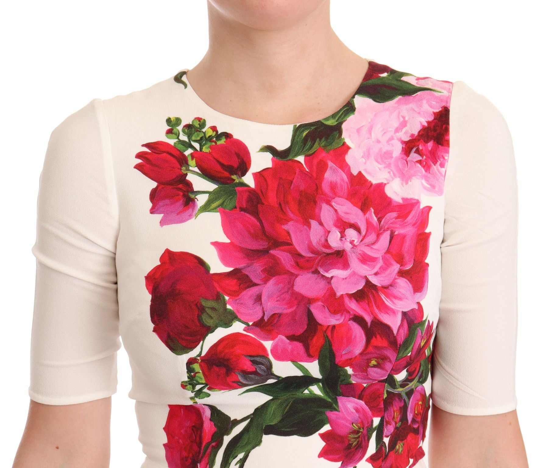 White floral printed crepe midi dress with slit by Dolce & Gabbana, featuring elegant design and flowing fabric.