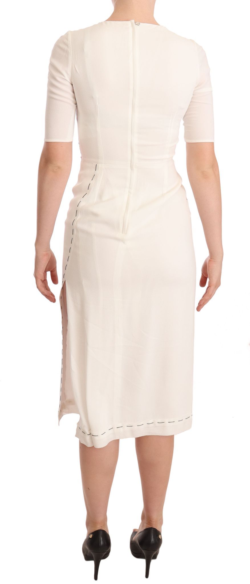 White floral printed crepe midi dress with slit by Dolce & Gabbana, featuring a flowing silhouette and elegant design.