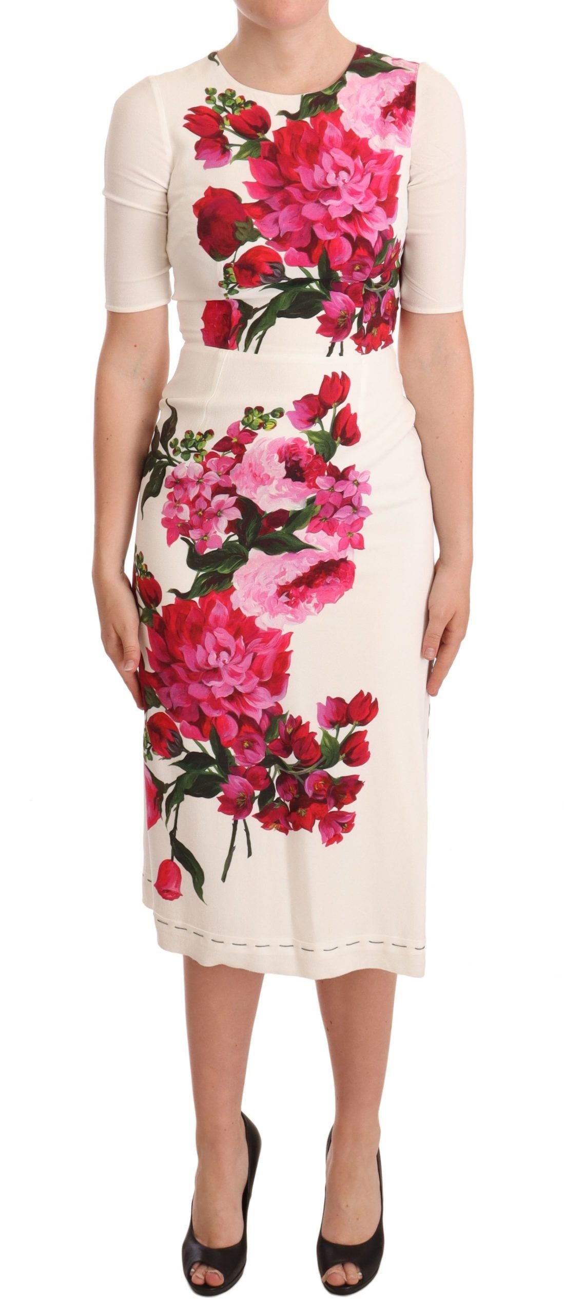 White floral printed crepe midi dress with slit by Dolce & Gabbana, showcasing elegant fabric and stylish design.