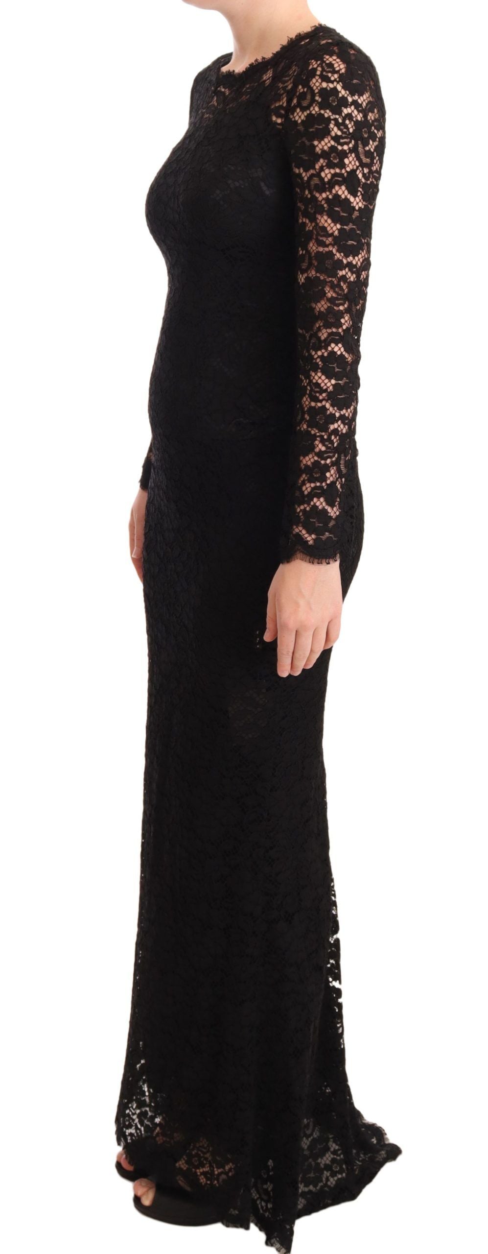 Black cotton lace mermaid long-sleeve dress by Dolce & Gabbana, featuring intricate lace details and a fitted silhouette.
