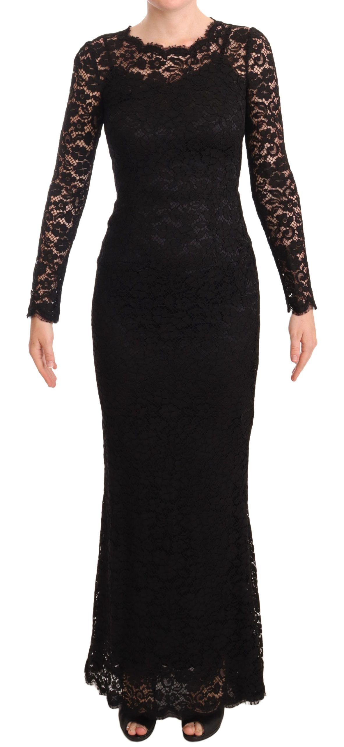 Black cotton lace mermaid long sleeves dress by Dolce & Gabbana, featuring intricate lace details and a fitted silhouette.