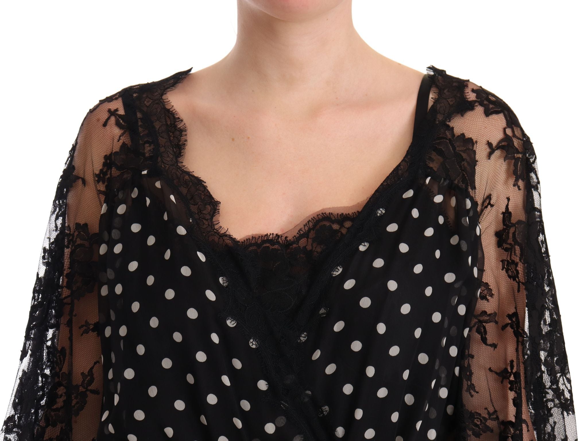 Black lace floral polka maxi Capri dress by Dolce & Gabbana, featuring elegant lace details and a flowing silhouette.