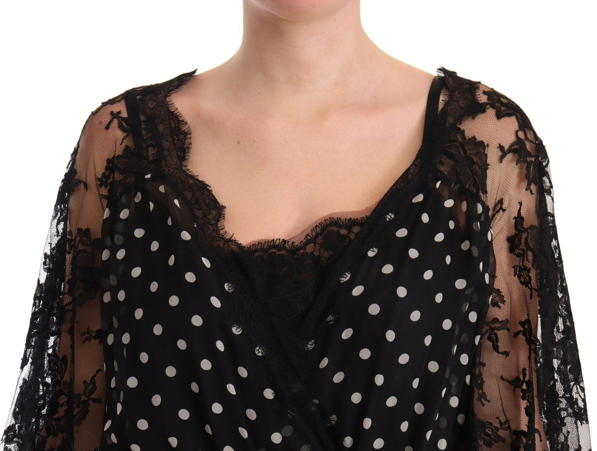 Black lace floral polka maxi Capri dress by Dolce & Gabbana, featuring elegant lace details and a flowing silhouette.