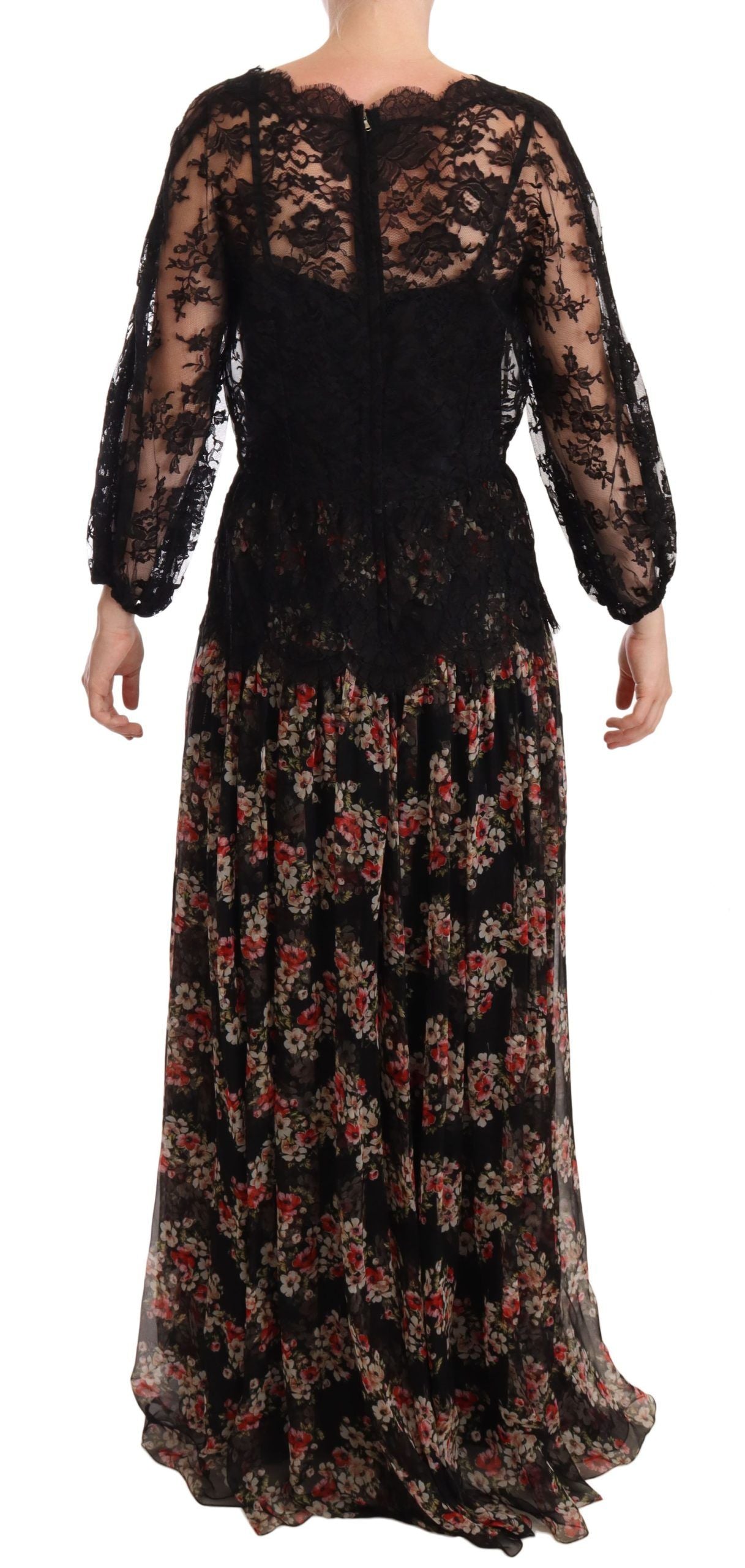 Black lace floral polka maxi capri dress by Dolce & Gabbana with intricate lace details and a flowing silhouette.