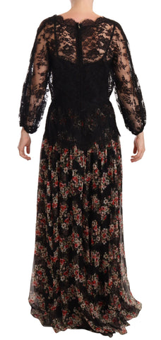 Black lace floral polka maxi capri dress by Dolce & Gabbana with intricate lace details and a flowing silhouette.