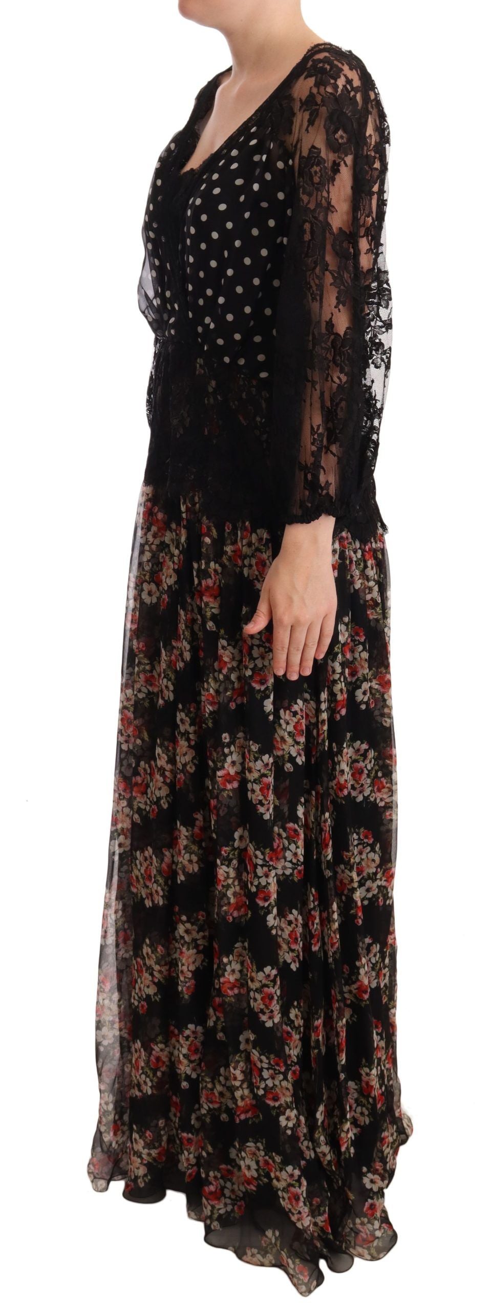 Black lace floral polka maxi capri dress by Dolce & Gabbana, featuring intricate lace details and a flowing silhouette.