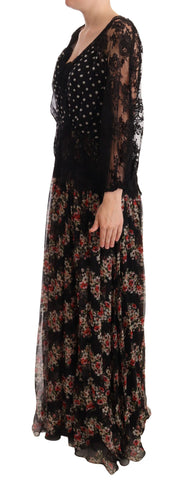 Black lace floral polka maxi capri dress by Dolce & Gabbana, featuring intricate lace details and a flowing silhouette.