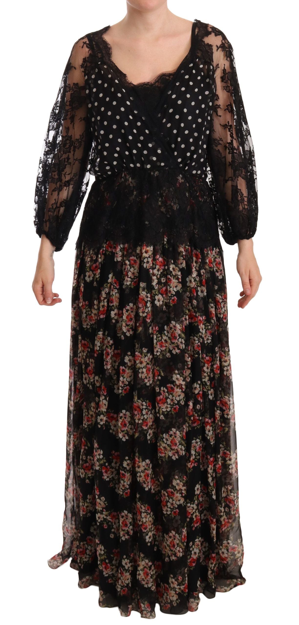 Black lace floral polka maxi capri dress by Dolce & Gabbana, featuring intricate lace details and a flowing silhouette.
