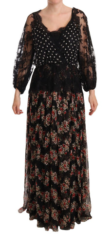 Black lace floral polka maxi capri dress by Dolce & Gabbana, featuring intricate lace details and a flowing silhouette.