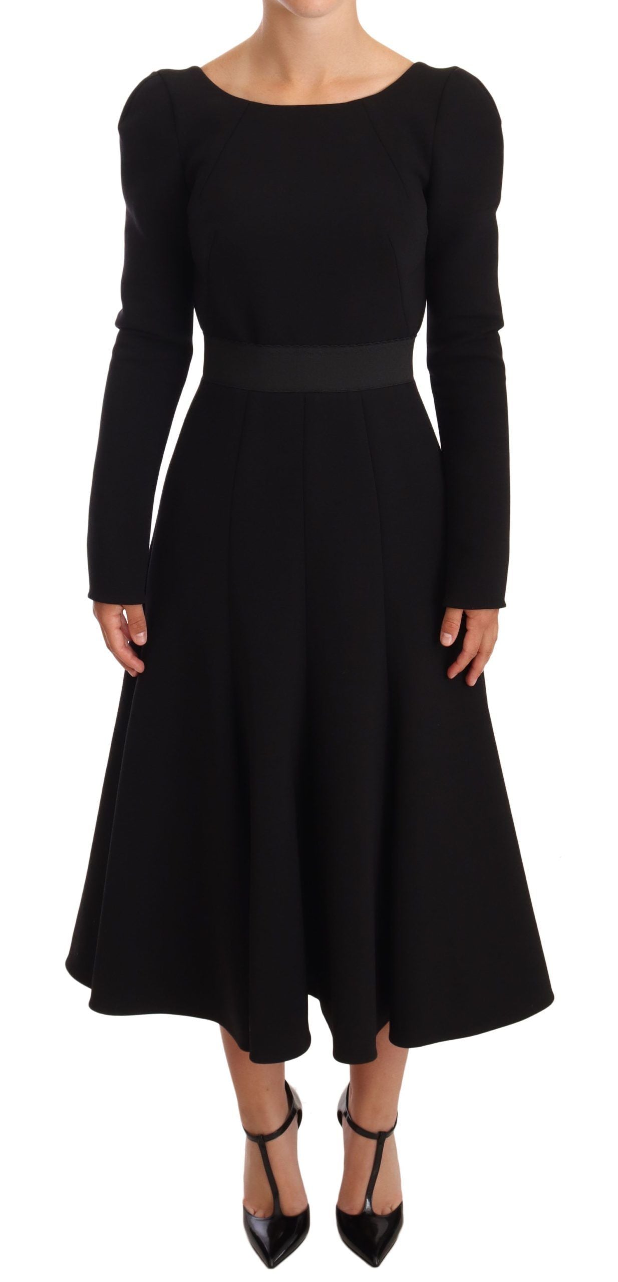 Black wool stretch sheath dress with open back by Dolce & Gabbana, fitted silhouette and elegant design.