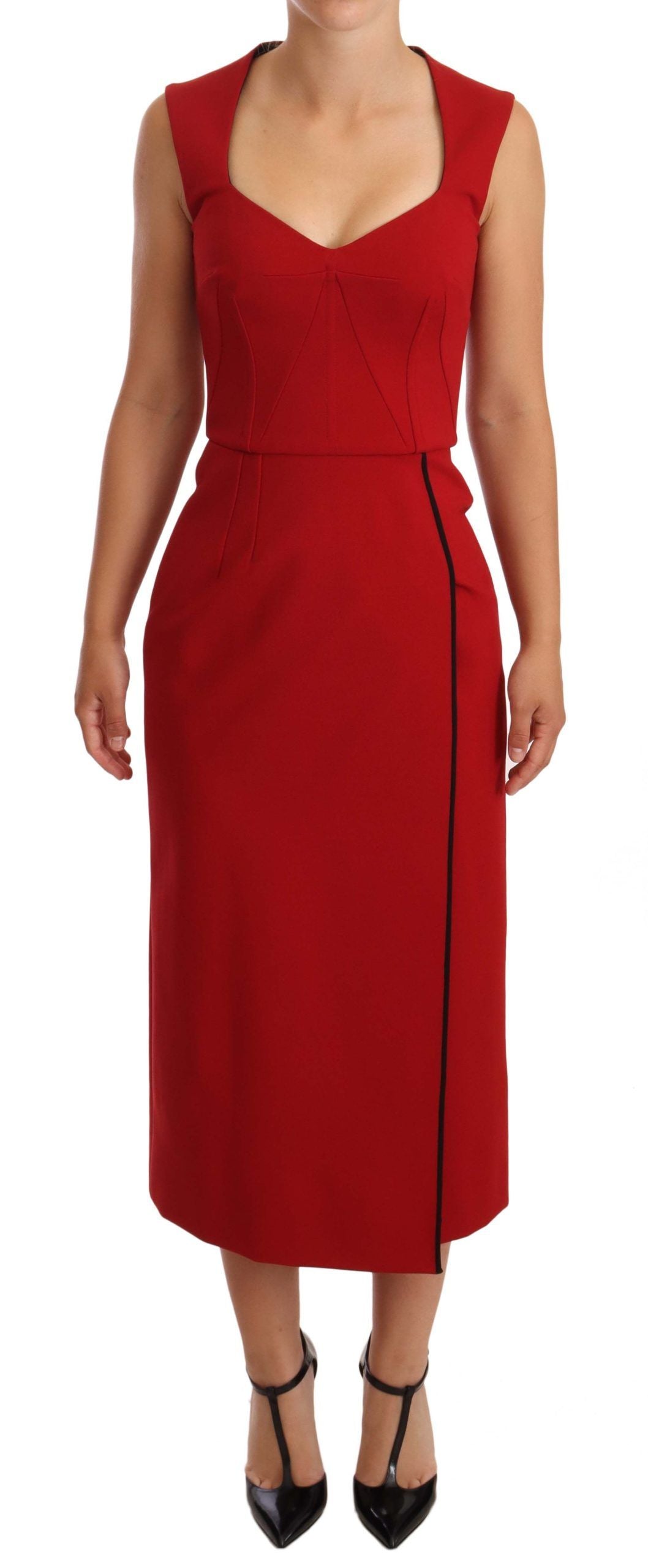 Red Sweetheart Sleeveless Midi Dress by Dolce & Gabbana, showing the fitted stretch fabric and elegant sweetheart neckline.