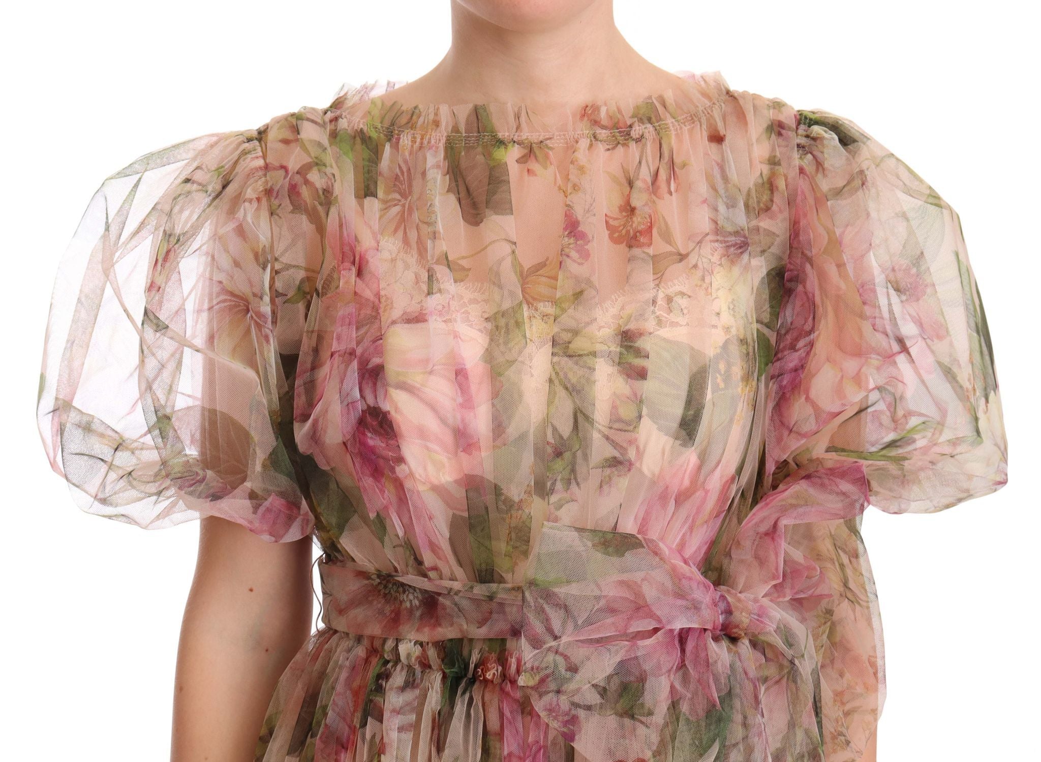 Multicolor floral print long maxi gown dress by Dolce & Gabbana with flowing fabric and vibrant floral pattern.