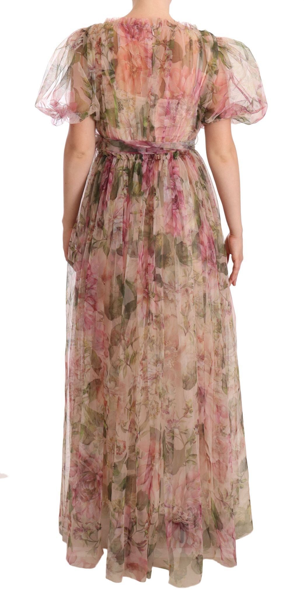 Multicolor floral print long maxi gown dress by Dolce & Gabbana, featuring vibrant floral patterns and flowing fabric.