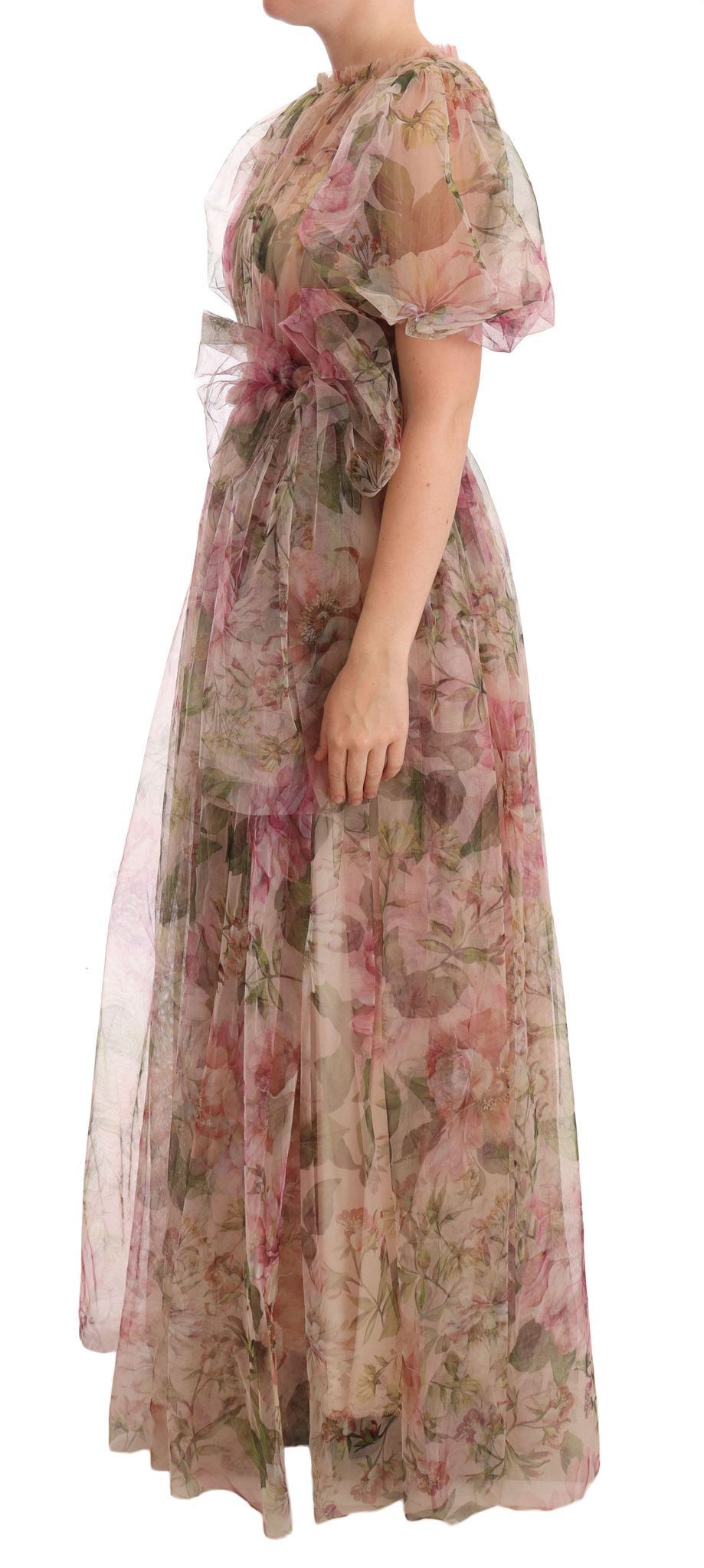 Multicolor floral print long maxi gown dress by Dolce & Gabbana with flowing fabric and vibrant floral pattern.