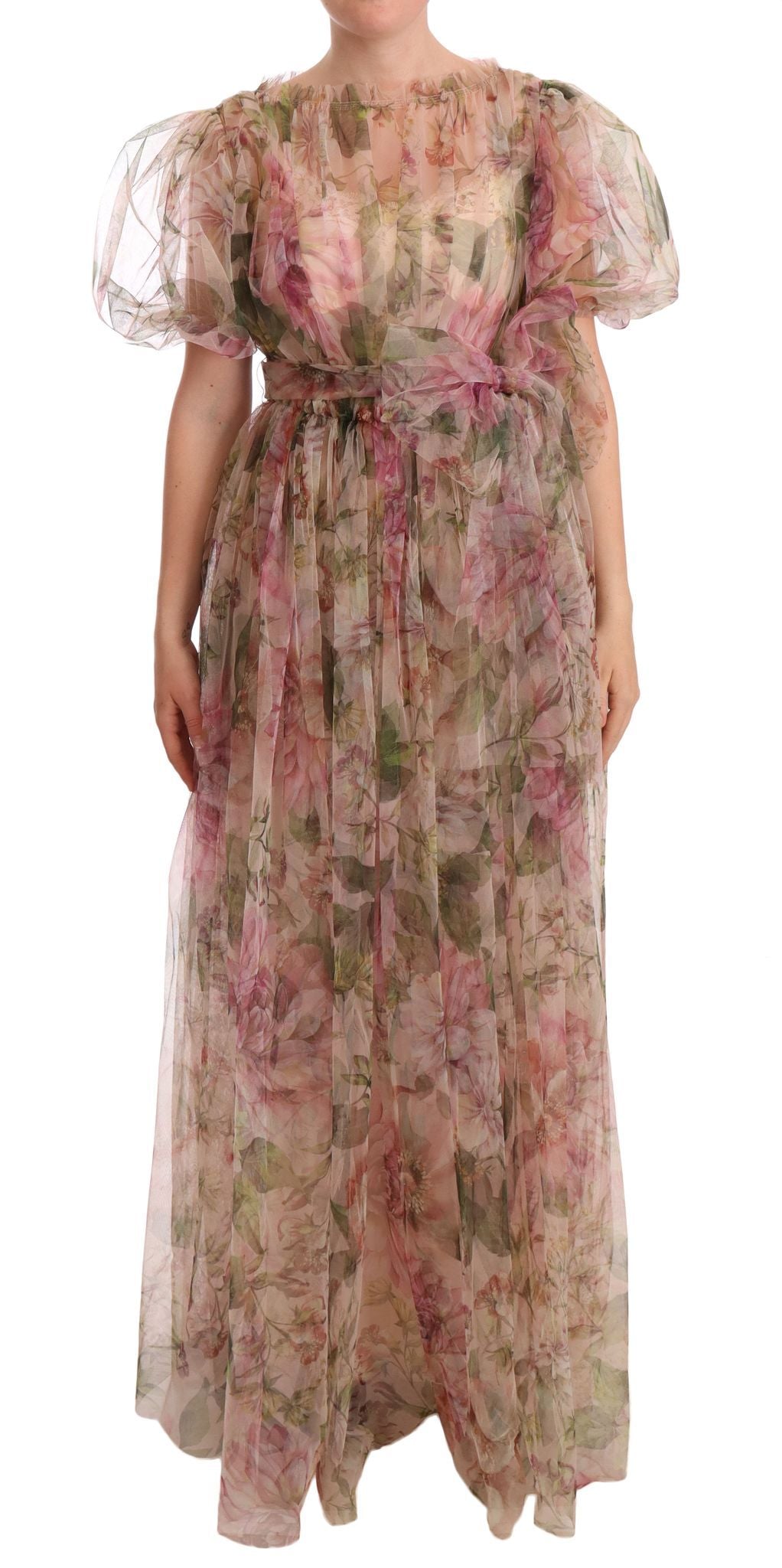 Multicolor floral print long maxi gown dress by Dolce & Gabbana with flowing fabric and vibrant floral design.