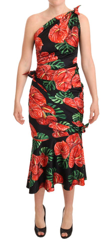 Black shiny silk floral print draped dress by Dolce & Gabbana, featuring elegant fabric and intricate floral design.