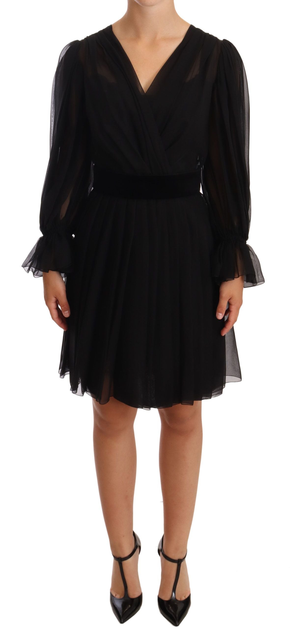 Black mesh pleated mini silk stretch dress by Dolce & Gabbana, featuring a fitted silhouette and stylish design.