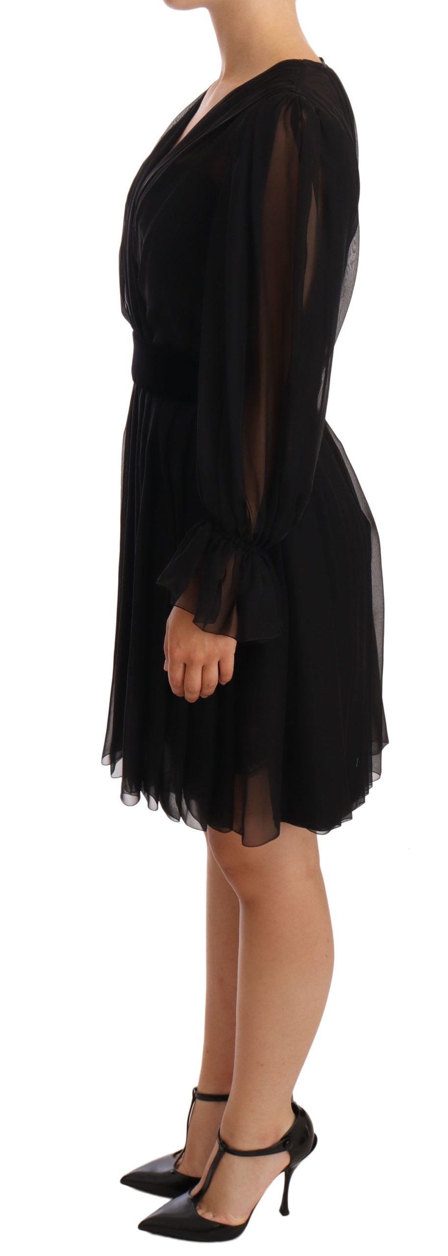 Black mesh pleated mini silk stretch dress by Dolce & Gabbana, featuring a fitted silhouette and elegant pleated design.