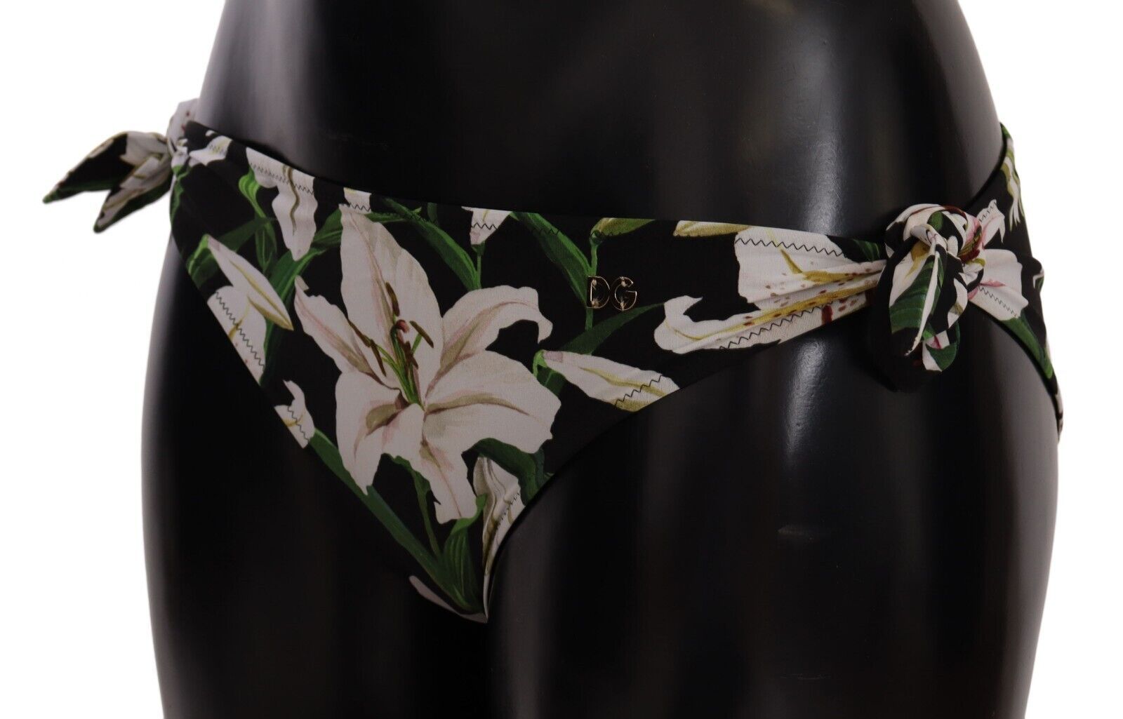 Black bikini bottom with Lily print from Dolce & Gabbana, featuring a stylish swimwear design and adjustable side ties.