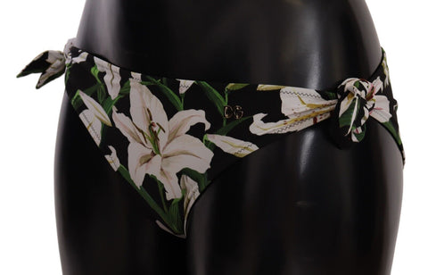 Black bikini bottom with Lily print from Dolce & Gabbana, featuring a stylish swimwear design and adjustable side ties.