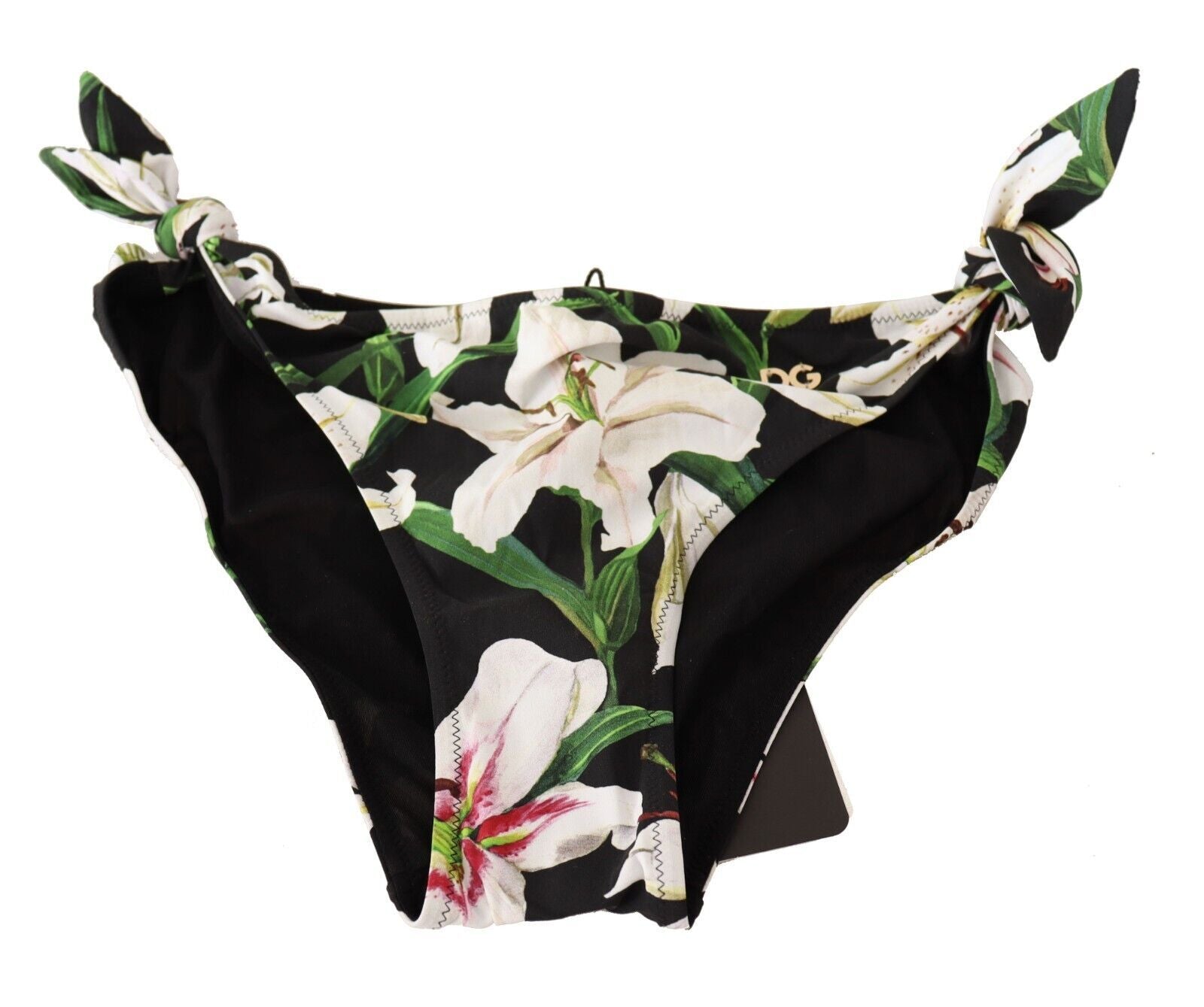 Black bikini bottom with lily print from Dolce & Gabbana, featuring stylish swimwear design and comfortable fit.