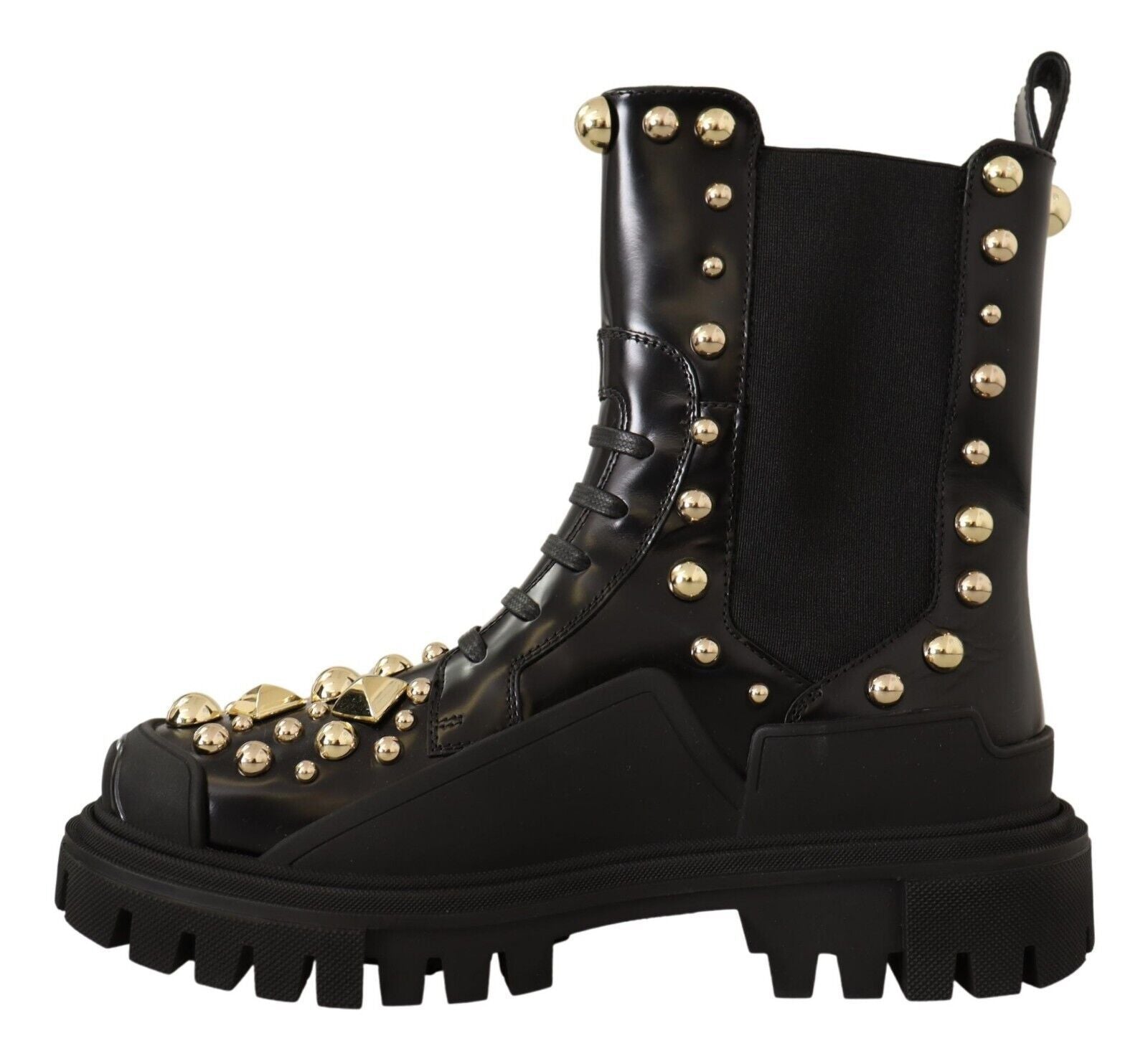 Black leather studded combat boots by Dolce & Gabbana with rugged soles and silver-tone hardware, styled for edgy fashion.