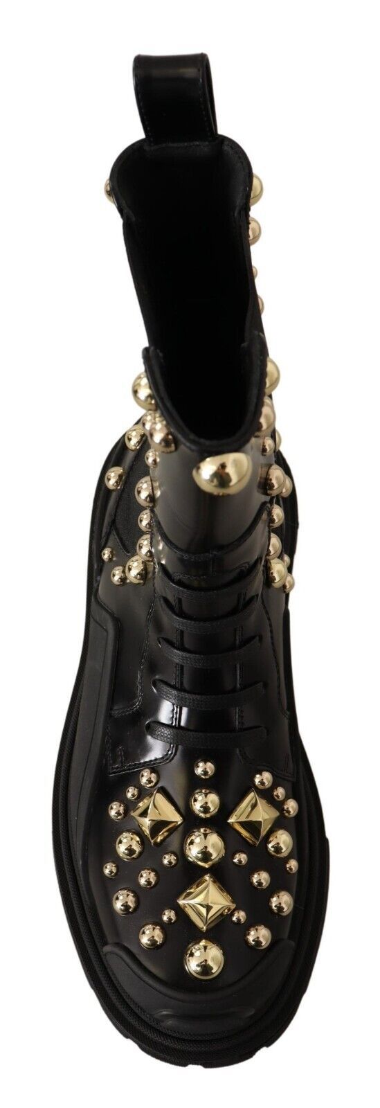 Black leather combat boots with studded details from Dolce & Gabbana, featuring chunky soles and classic lace-up design.