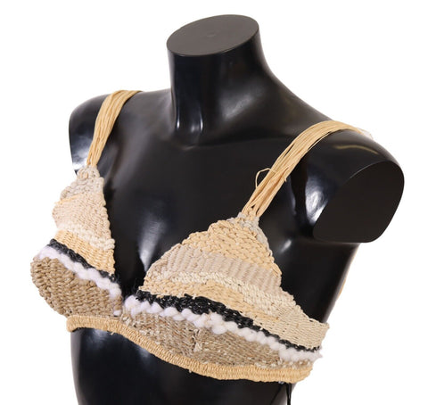 Beige straw raffia woven crochet cover-up top by Dolce & Gabbana, featuring intricate knit details and a relaxed fit.