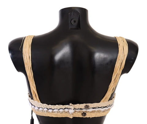 Beige straw raffia woven crochet cover-up top by Dolce & Gabbana, featuring intricate crochet details and a relaxed fit.