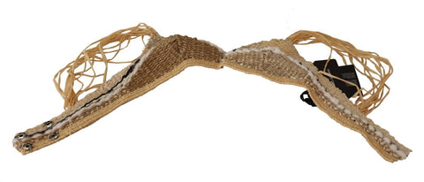Beige straw raffia woven crochet cover-up top by Dolce & Gabbana, featuring intricate open-knit design and lightweight summer style.