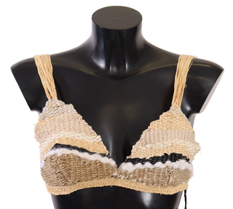 Beige straw raffia crochet cover-up top by Dolce & Gabbana with woven texture and relaxed fit.