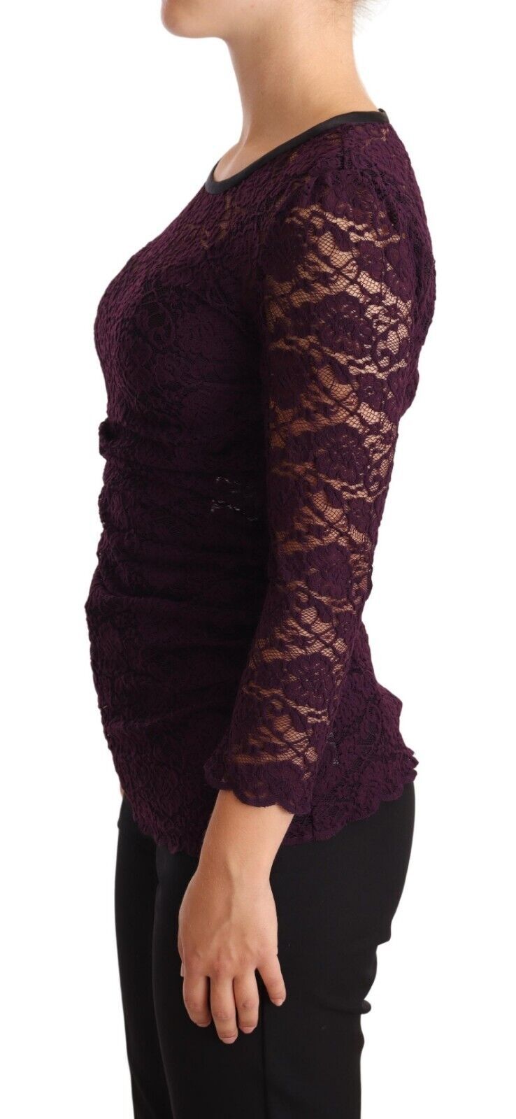 Purple lace long sleeve blouse by Dolce & Gabbana, featuring intricate lace details and a fitted design.