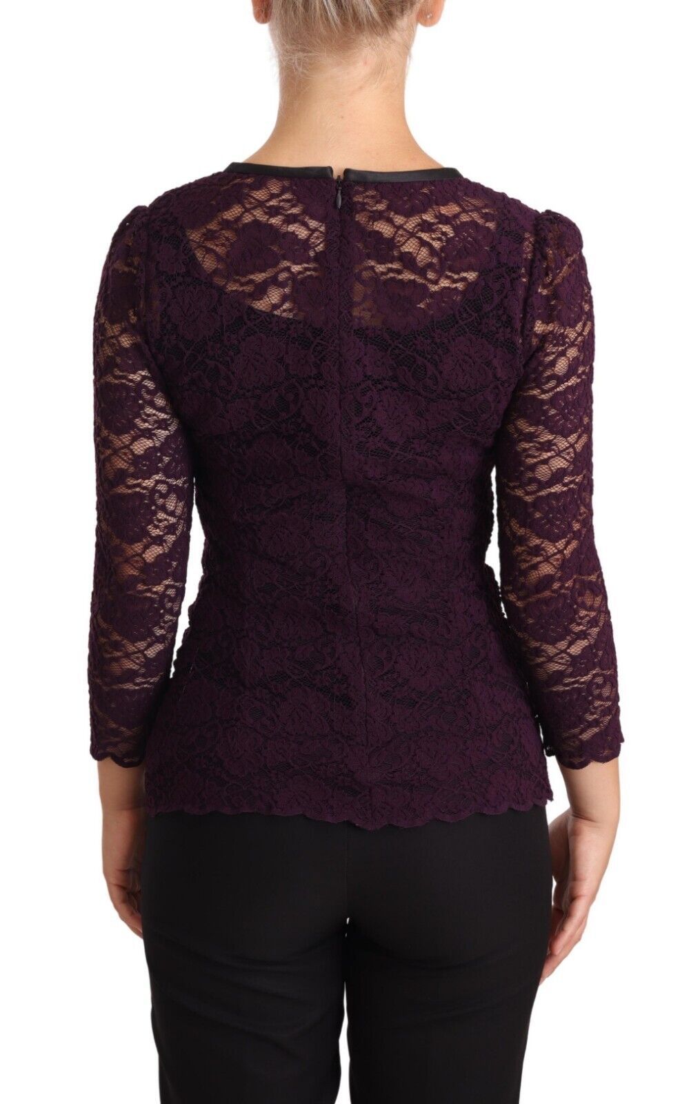 Purple lace long sleeve blouse by Dolce & Gabbana, featuring intricate lace details and a fitted design.