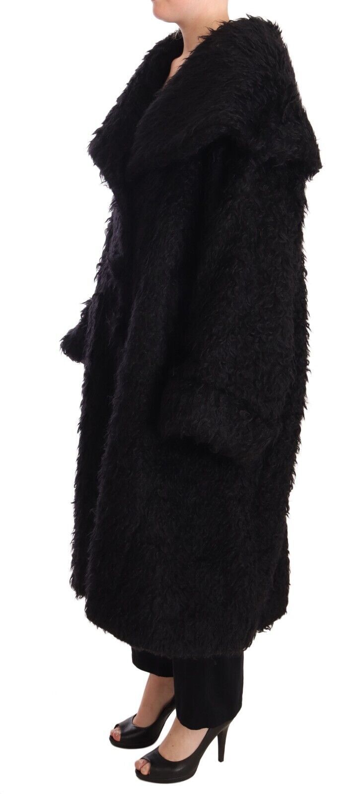 Black mohair fur cape trench coat by Dolce & Gabbana, featuring a luxurious textured fabric and elegant design.