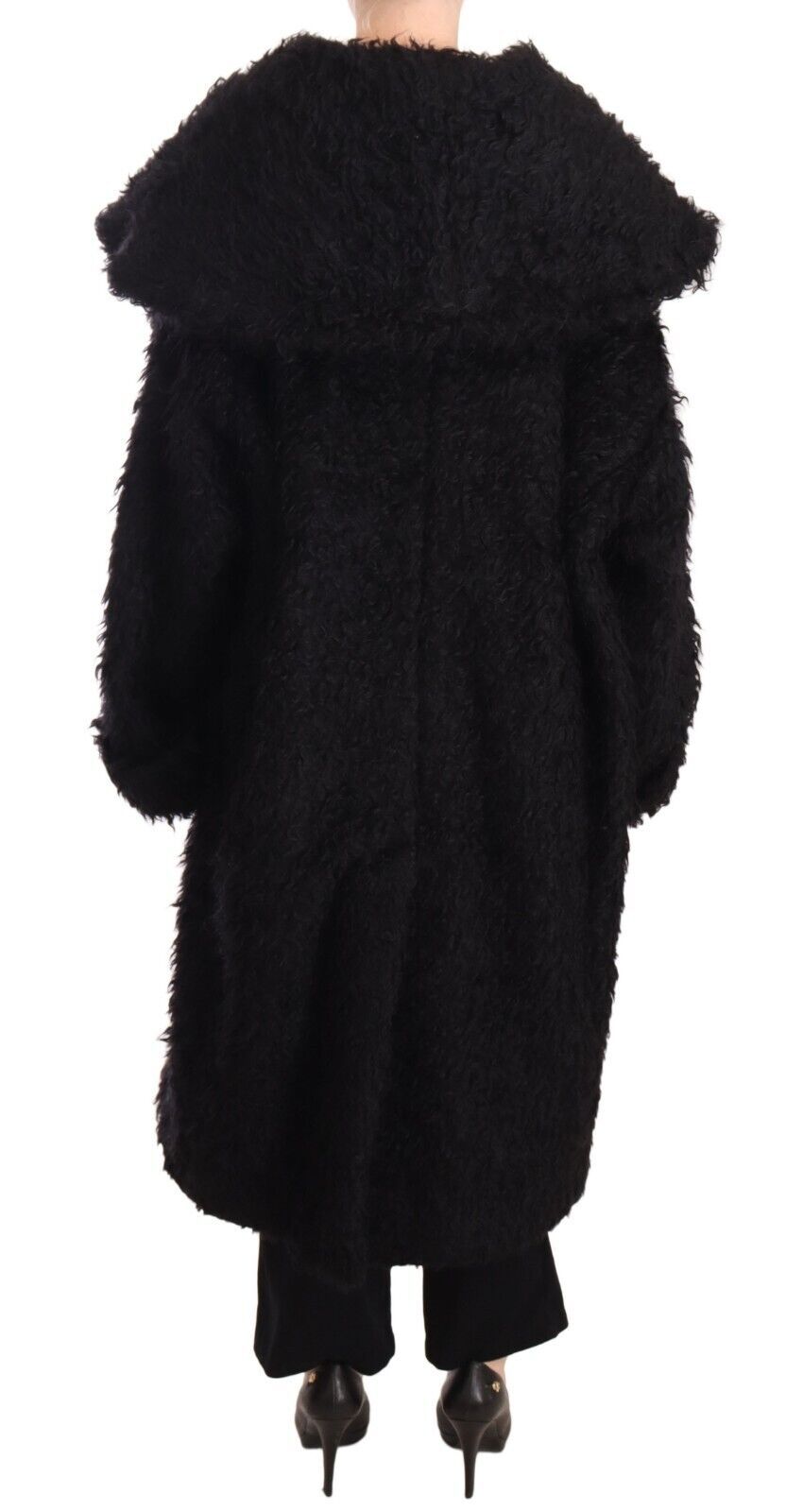 Black mohair fur cape trench coat jacket by Dolce & Gabbana, featuring luxurious fur details and a classic trench style.