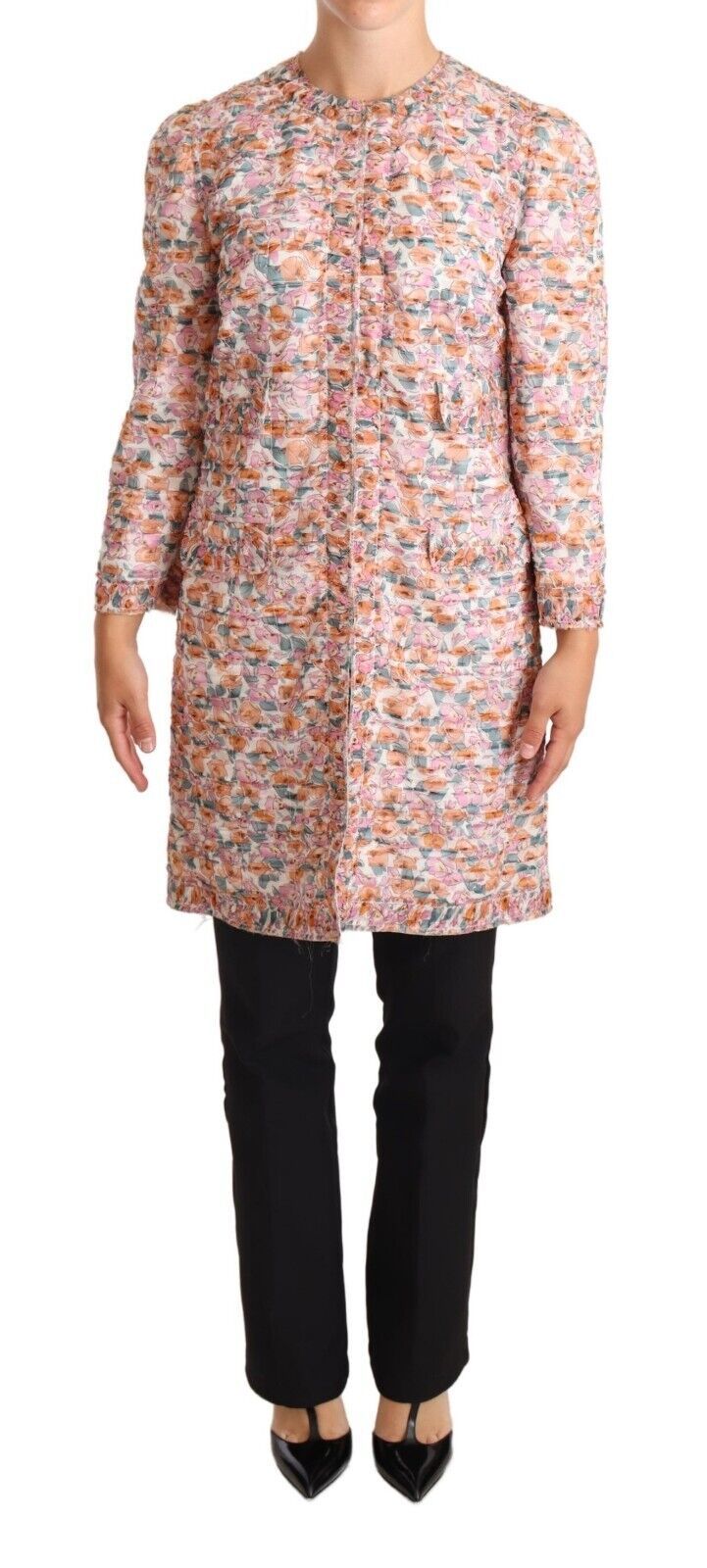 Multicolor floral print silk trench coat jacket by Dolce & Gabbana, shown with a vibrant floral pattern and tailored fit.