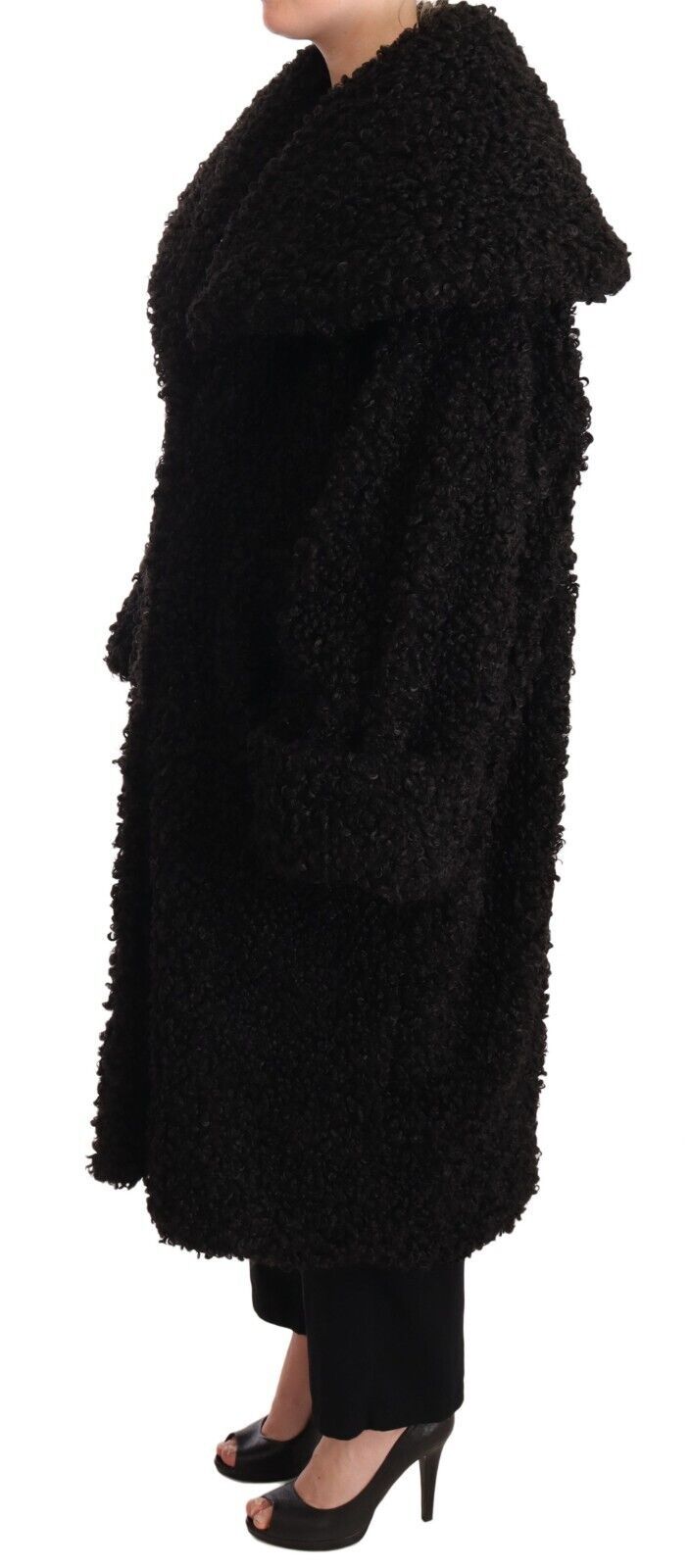 Black polyester fur trench coat jacket by Dolce & Gabbana, featuring a stylish, luxurious design with a classic silhouette.