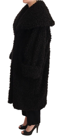 Black polyester fur trench coat jacket by Dolce & Gabbana, featuring a stylish, luxurious design with a classic silhouette.