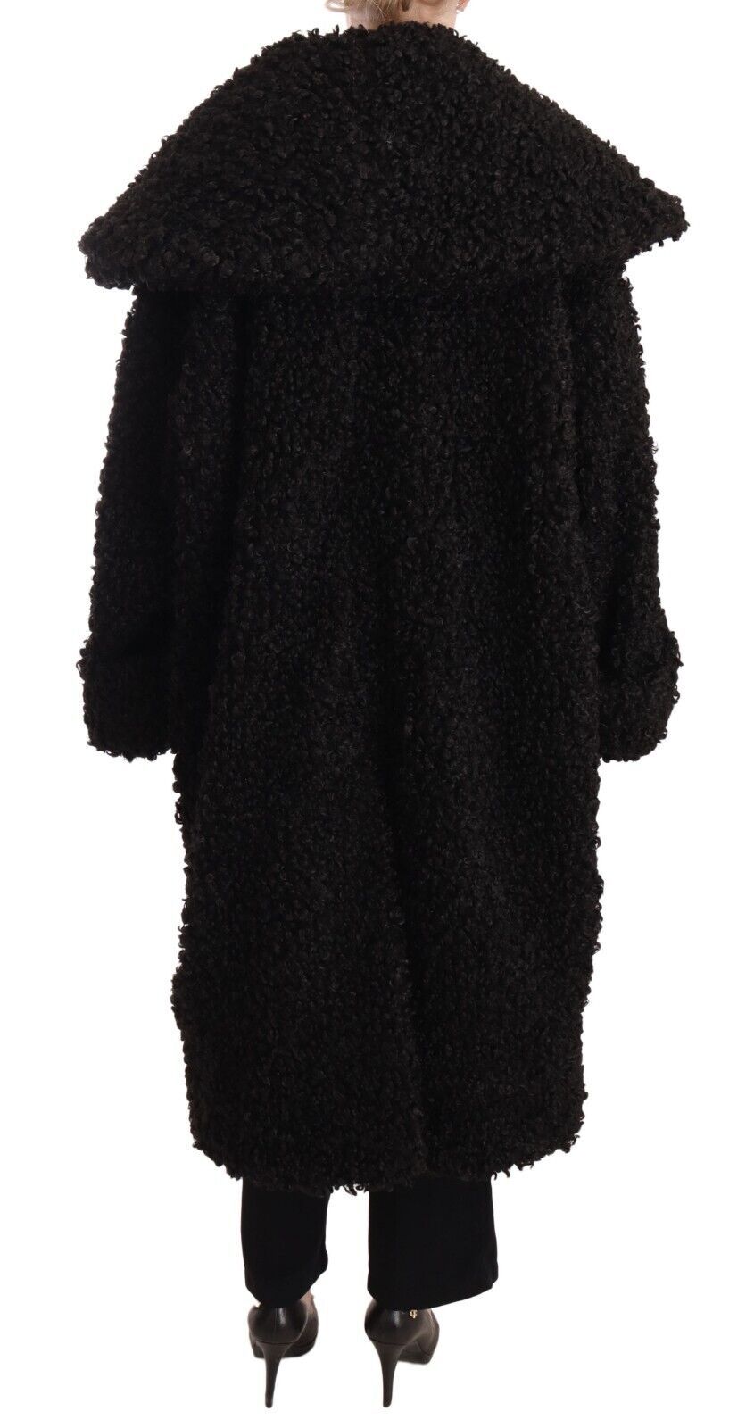 Black polyester fur trench coat jacket by Dolce & Gabbana, featuring a stylish, sleek design with fur accents and a classic silhouette.