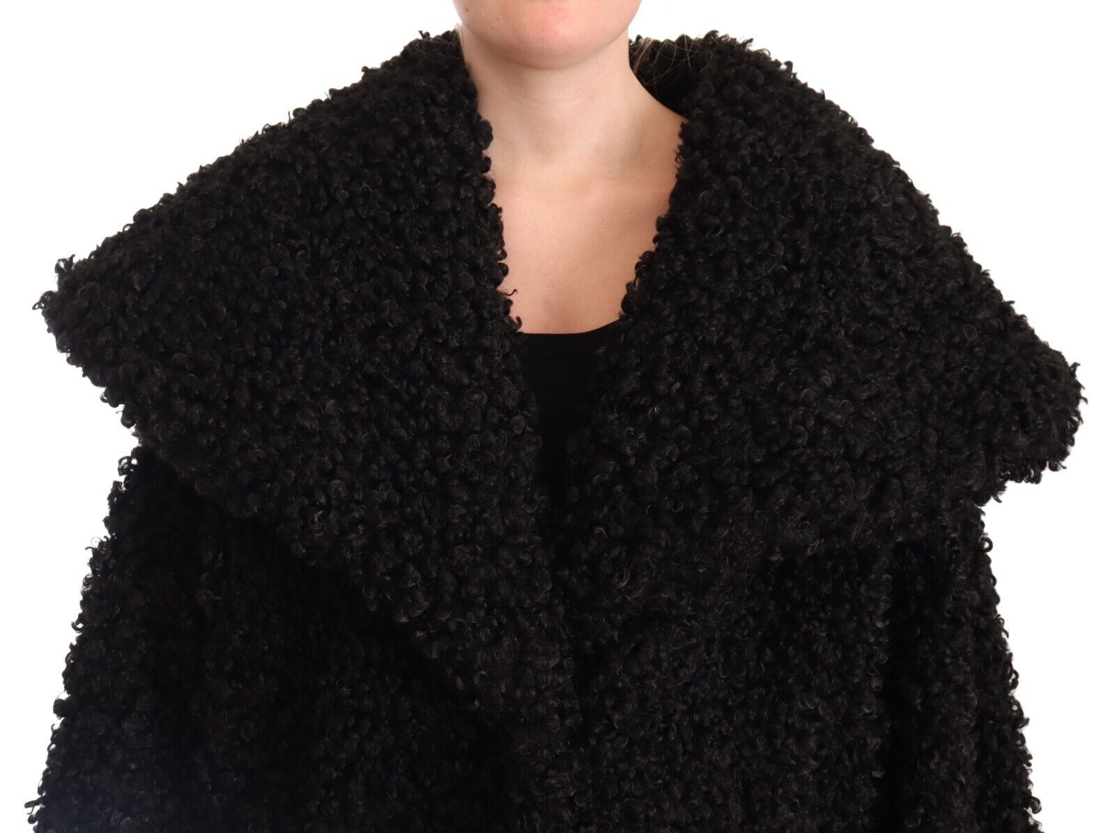 Black polyester fur trench coat jacket by Dolce & Gabbana, featuring a stylish design with a sleek silhouette and textured fur details.
